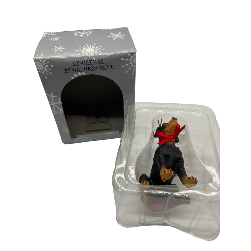 Christmas Resin Ornament Black Dog With Red Bow New in Box